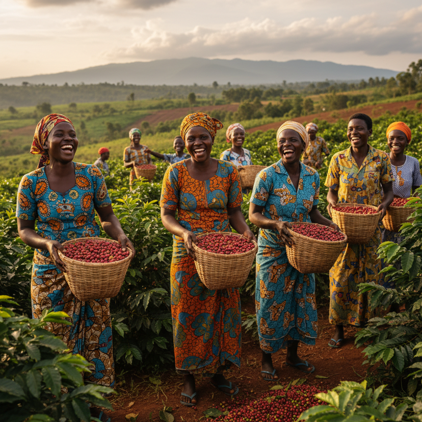 Femmes et jeunes producteurs de café de la Coopérative Kawa Maber récoltant des cerises d'Arabica